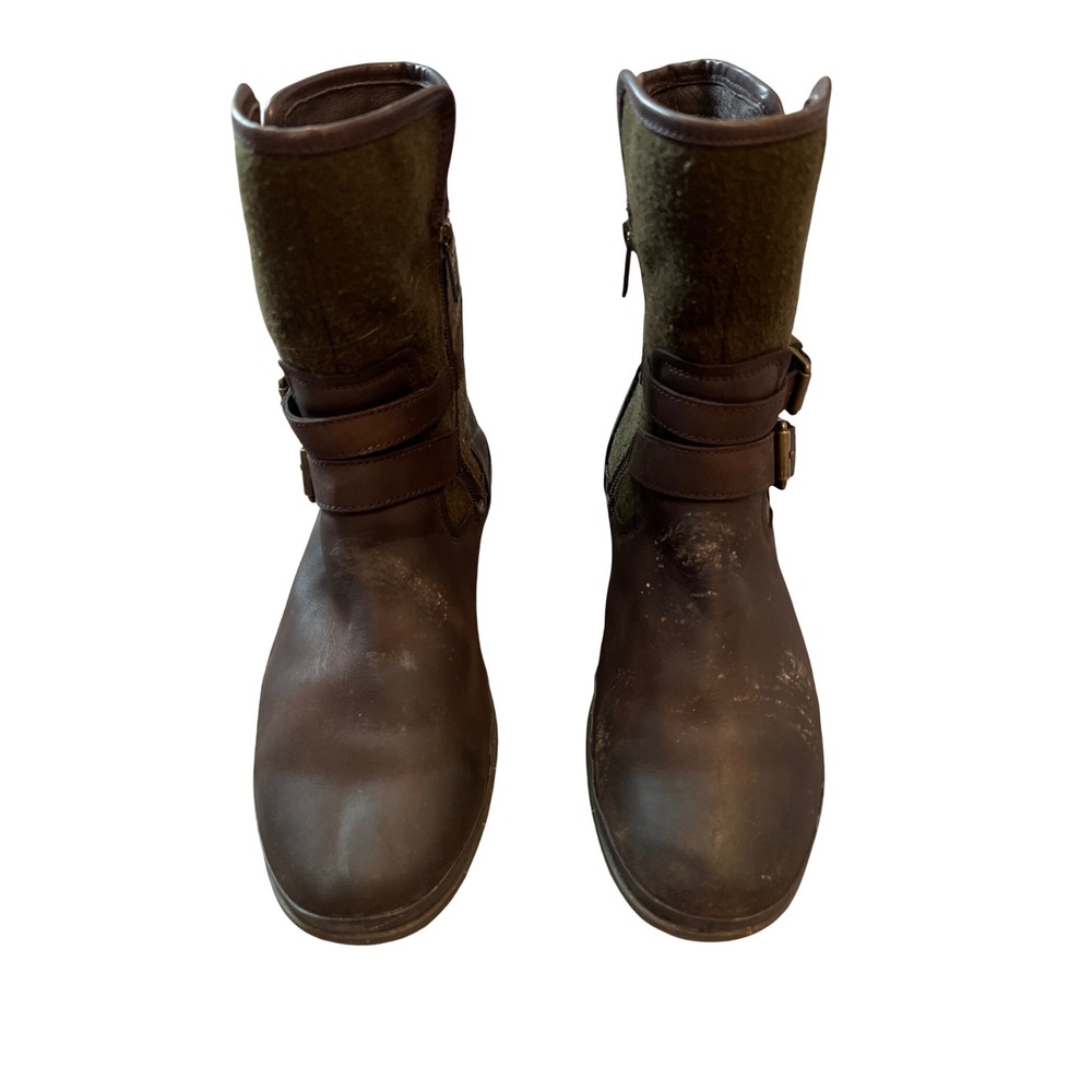 UGG Australia Brown Leather Olive Green Wool Buckle Moto Boots Womens 9.5